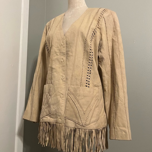 Coldwater Creek Jackets & Blazers - Coldwater Creek Beige Leather Jacket with Fringe